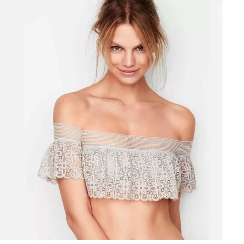Victorias Secret Lace Off Shoulder Ruffle Bralette Crop Top Size M Light Gray